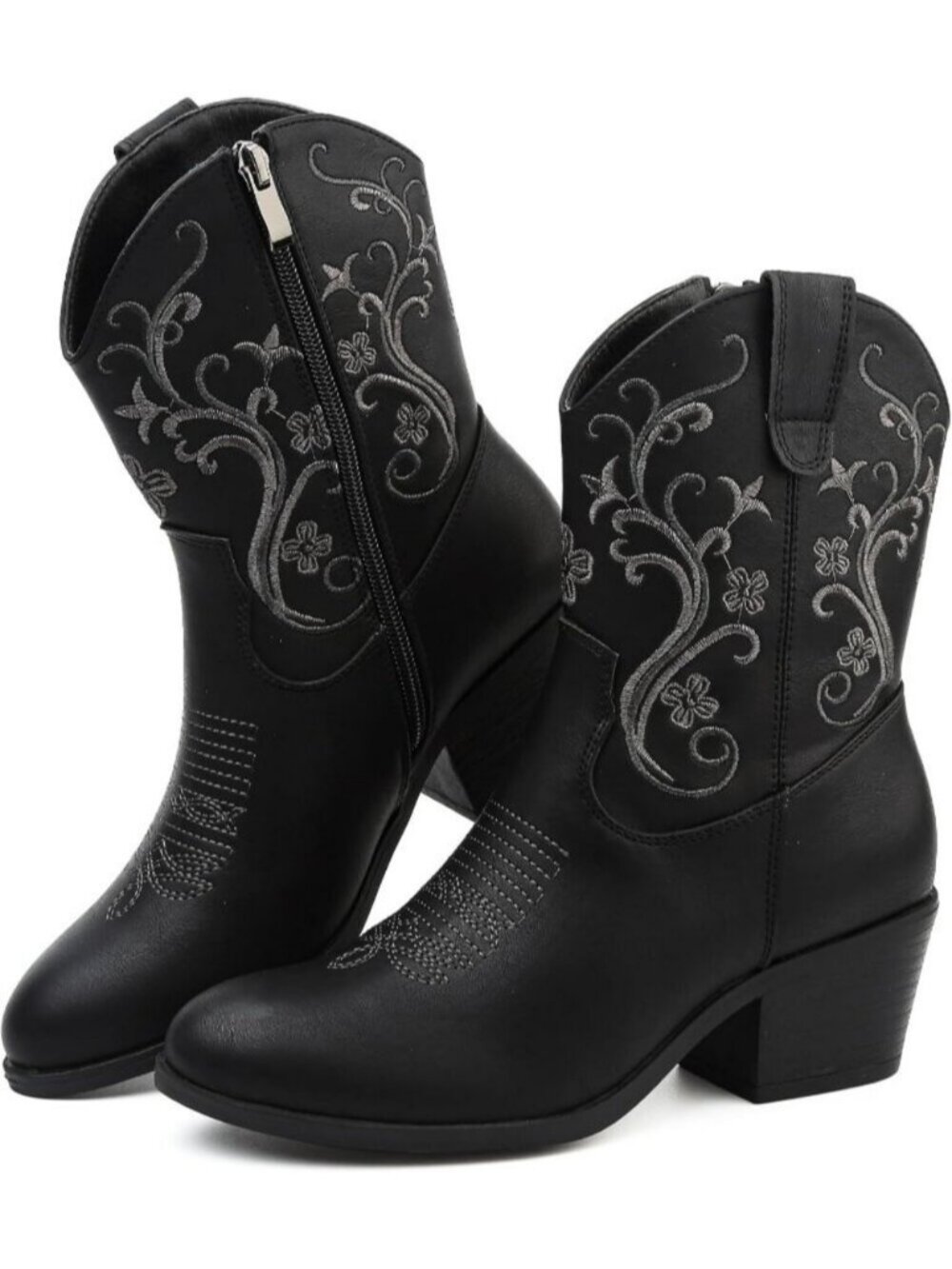 Women's Black Cowgirl Boots Mid Calf Side Zip Embroidered Slip-On Heeled Boots